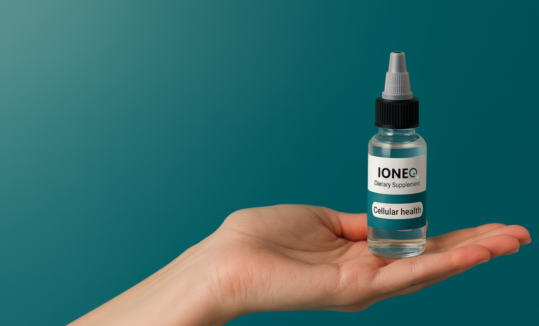 A plastic bottle with a dropper like cap sitting on the palm of a light skinned hand in a teal background.