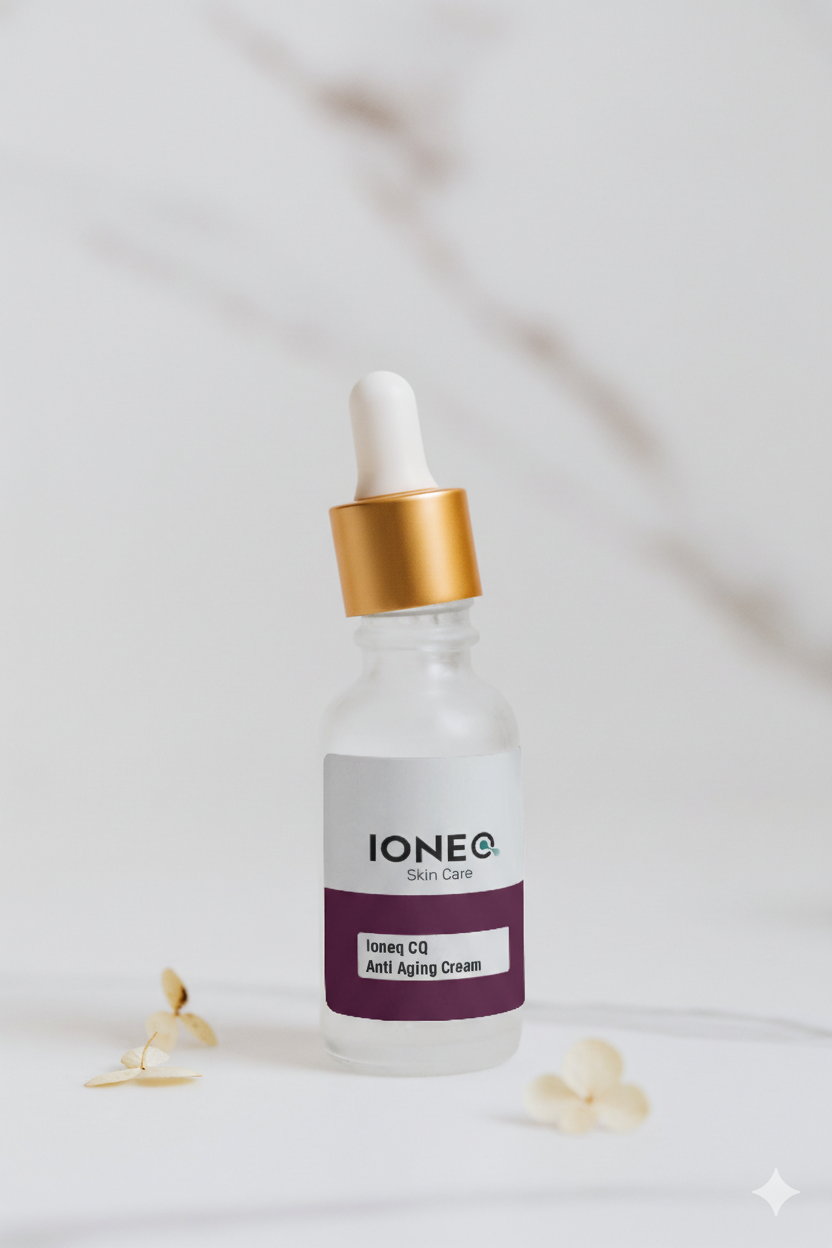 A product picture of a glass dropper bottle with a white and gold top. It also contains a purple and white label.