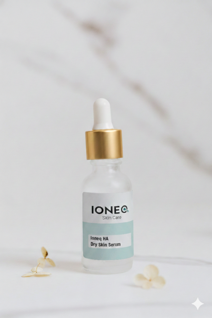 A product picture of a glass dropper bottle with a white and gold top.