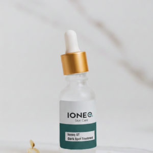 A product picture of a glass dropper bottle with a white and gold top.